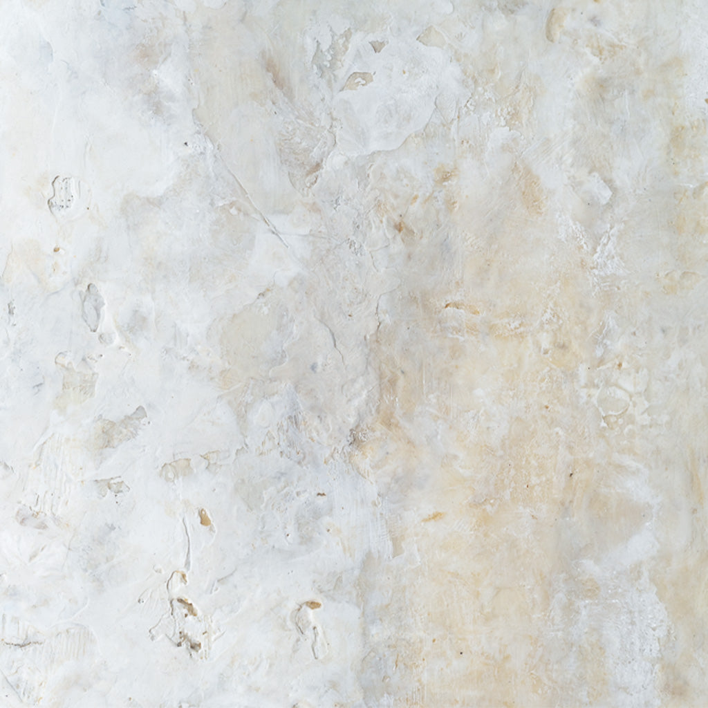 Encaustic painting showing rich layered wax, pigment, and resin texture on a wood panel, colors of white, cream, and slight grays.