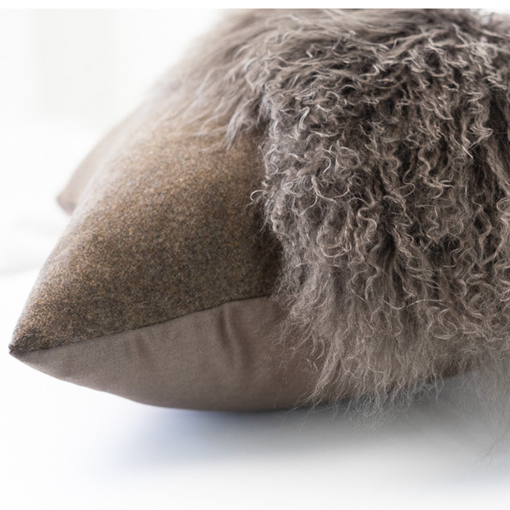 Side View of Chocolate Wool and Shearling Pillow Cover. 