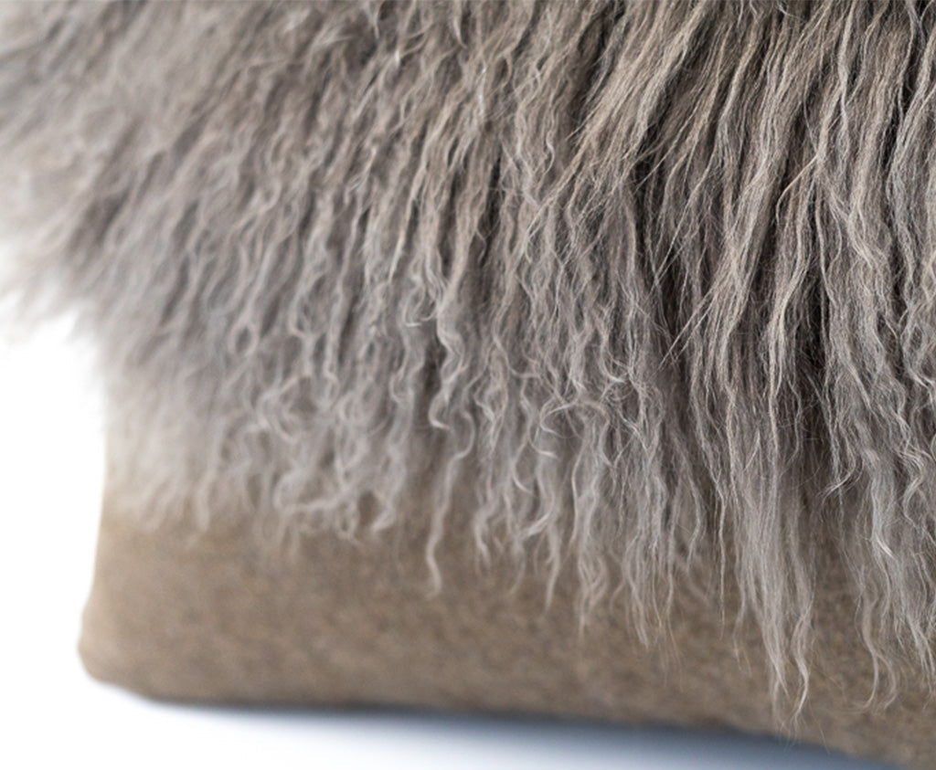Chocolate Brown Wool and Long Hair Shearling Pillow Cover Made in Raleigh NC