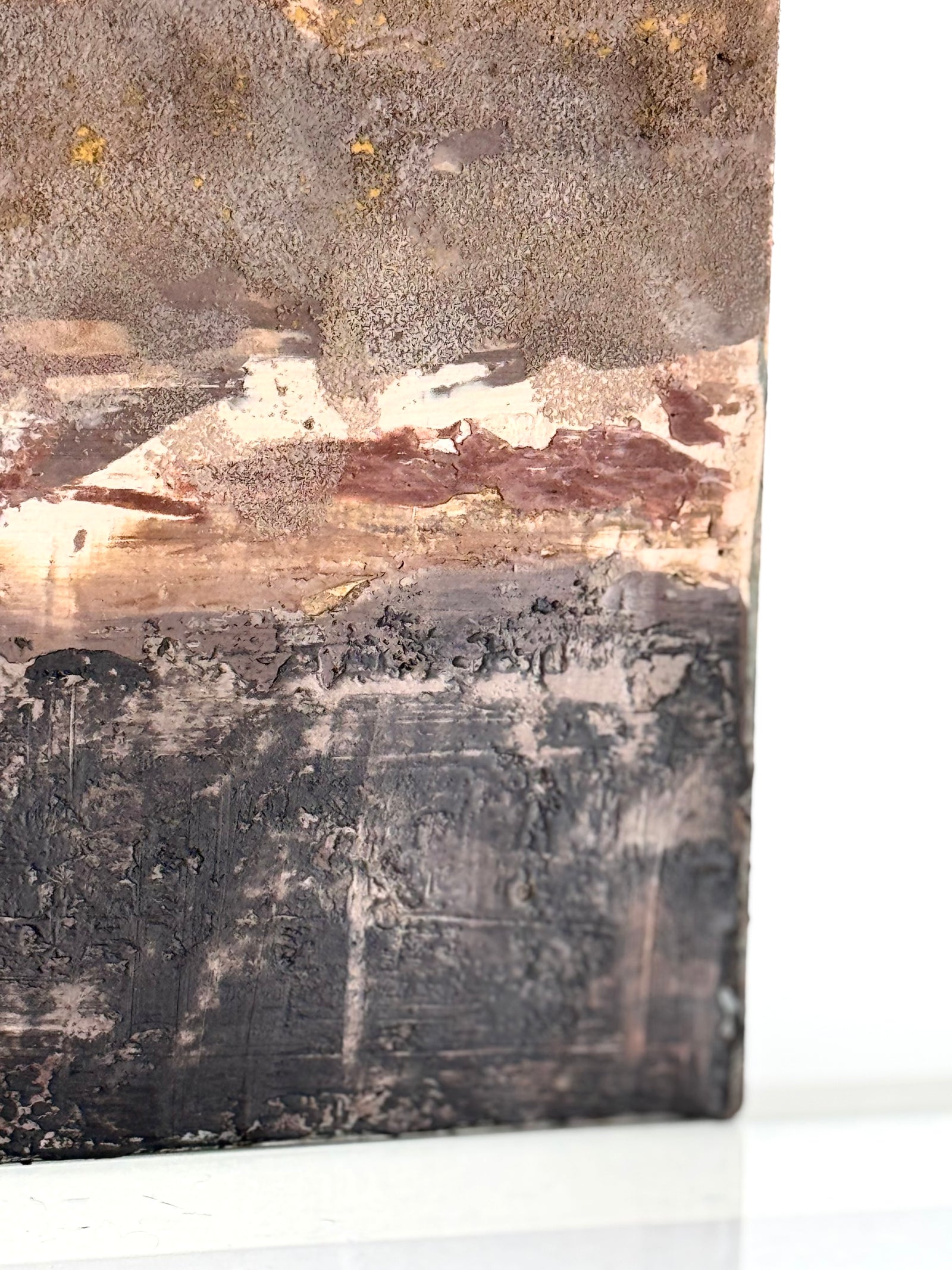 Encaustic painting detail, scraped and layered wax surface in dark earthy tones, ADALÉI Studio, Raleigh NC