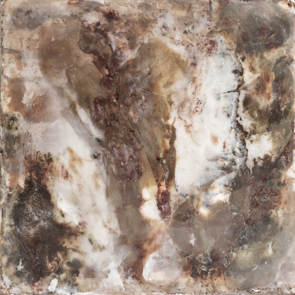 Abstract square artwork with marbled textures in cream, taupe, brown, charcoal, and muted rust tones.
