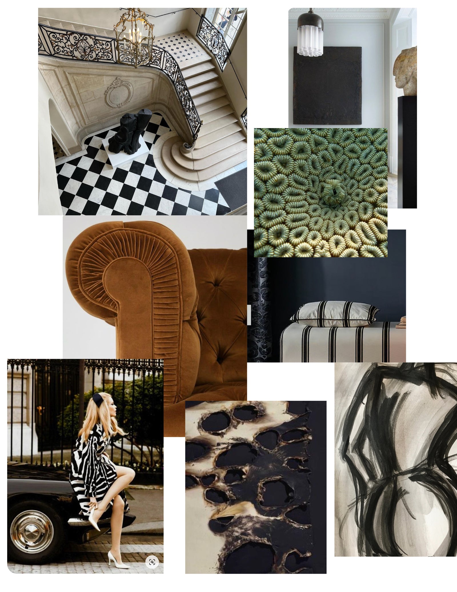 Mood board with pictures of interiors, fashion, and art. 