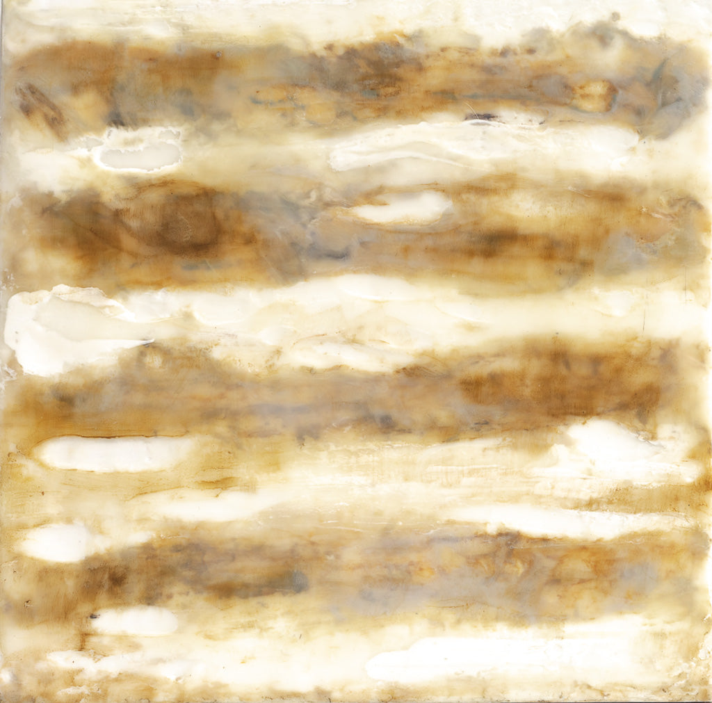 Ocher and Burnt Umber Study No. 3 — original encaustic painting on cradled wood panel, warm ochre and cool neutral, 8x8 inches, ADALÉI studio