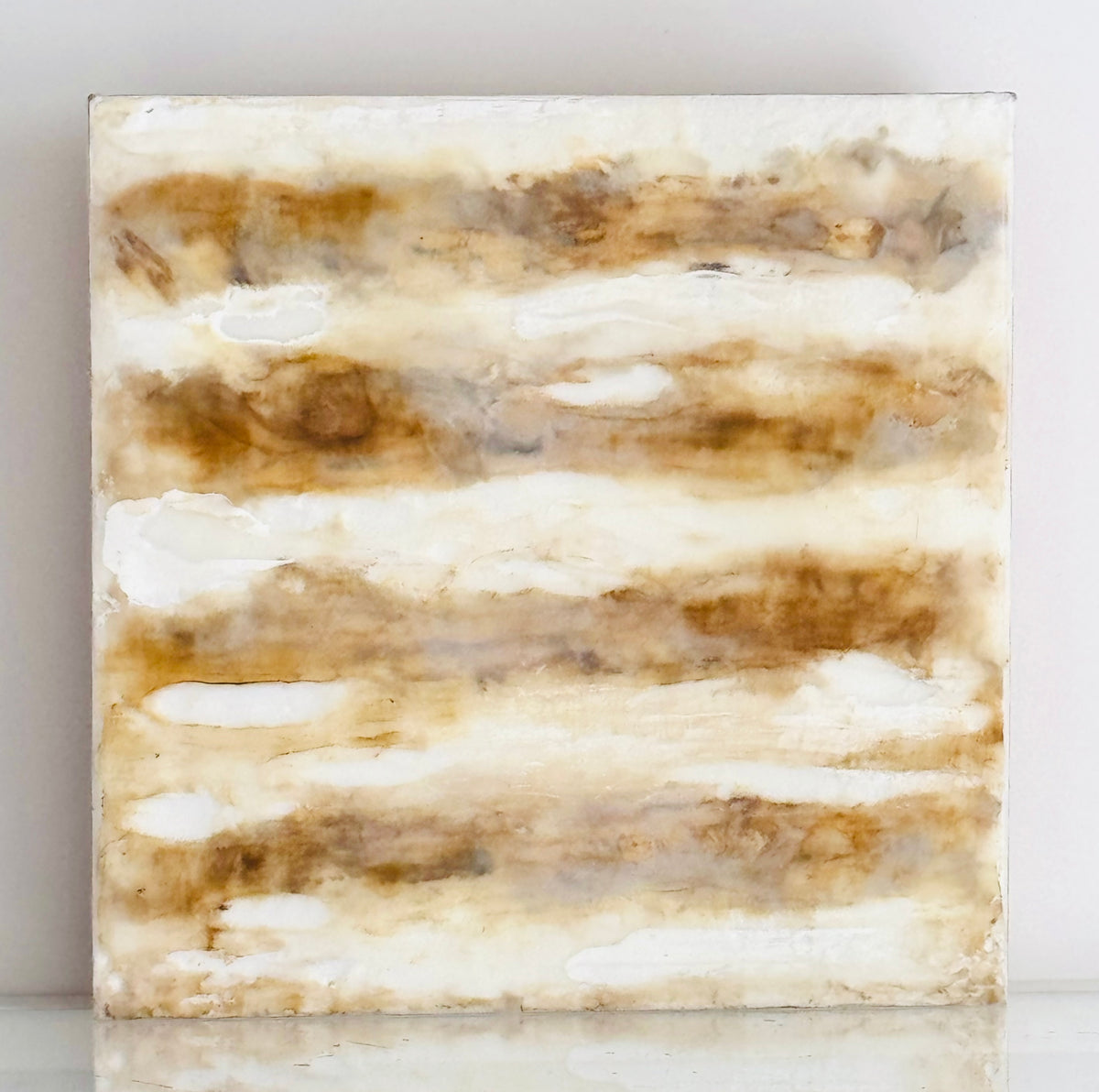 Abstract original Encaustic Art from ADALÉI in Raleigh, NC.  Warm and earthy ochres and burnt umber tones layered in stripes on an 8 x 8 wood birch board.  