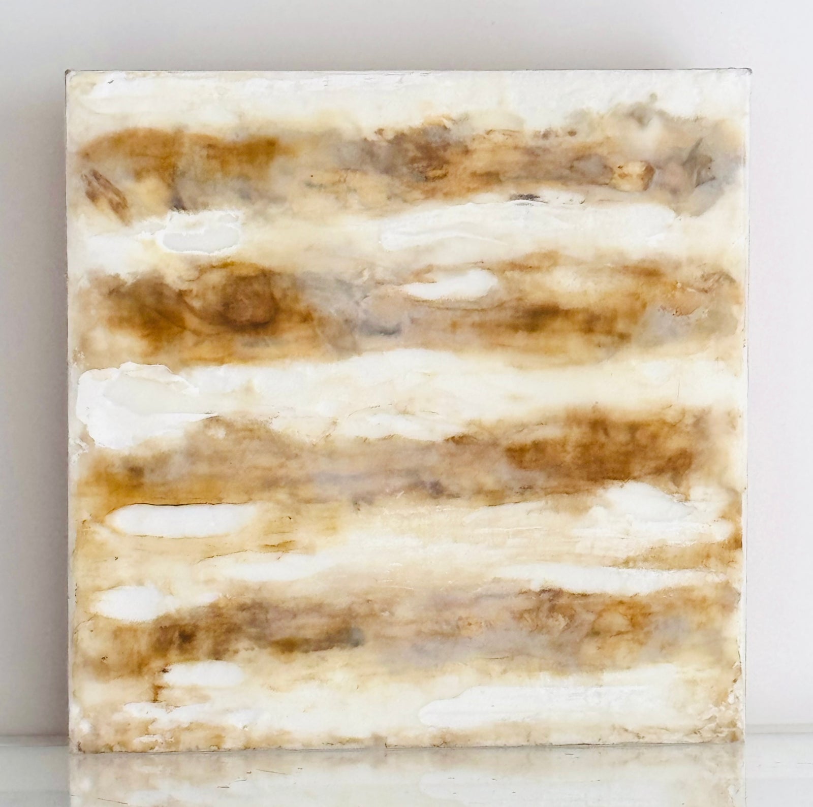 Abstract original Encaustic Art from ADALÉI in Raleigh, NC.  Warm and earthy ochres and burnt umber tones layered in stripes on an 8 x 8 wood birch board.  