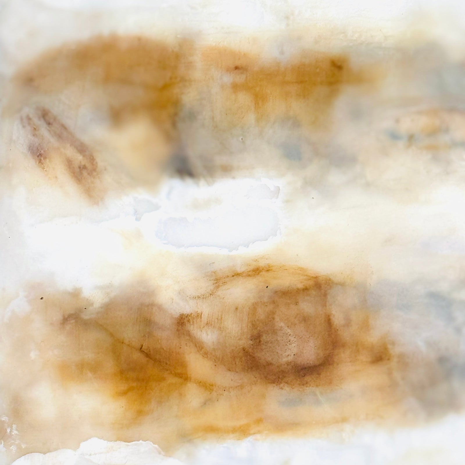 Very close detail picture of original encaustic art with colors of ochre and burnt umber tones layered in hot wax and damar resin. 
