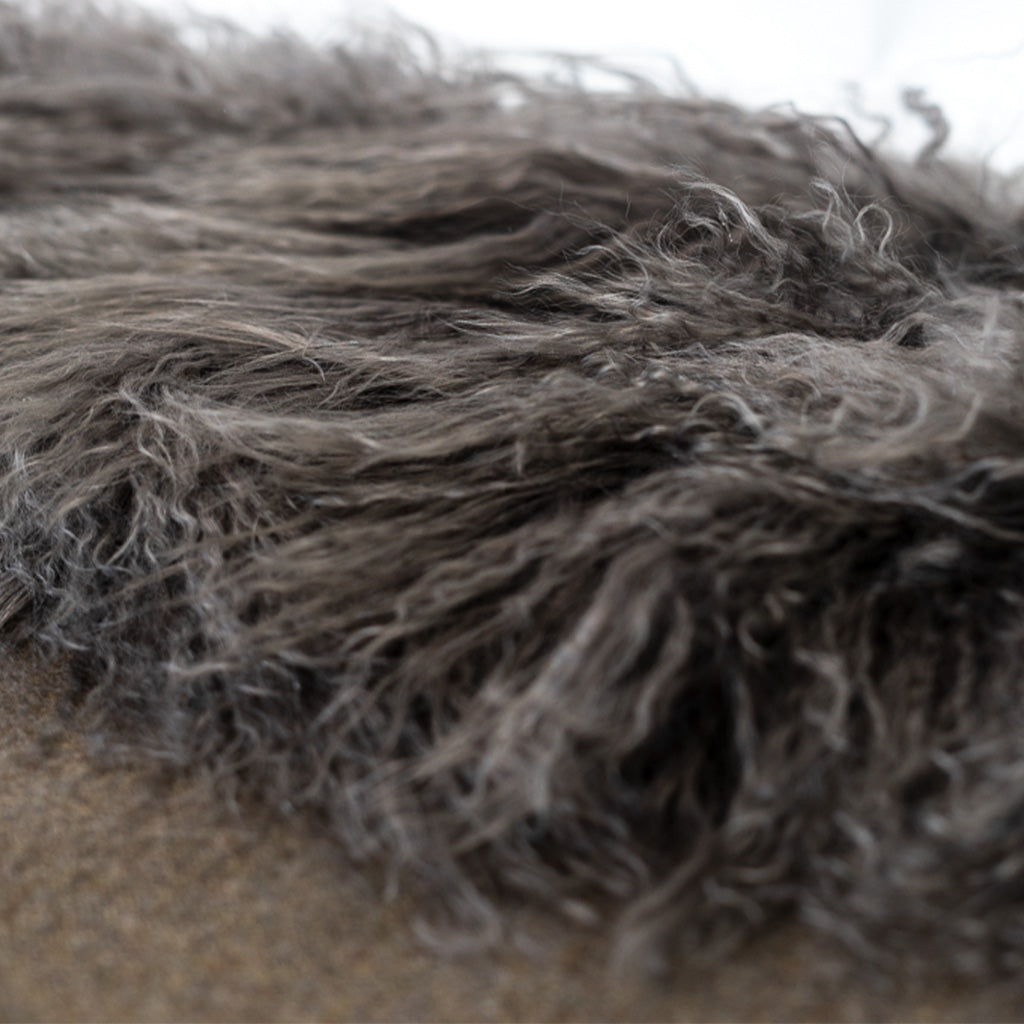 Close up of brown shearling and wool pillow from ADALEI.  Made in Raleigh NC. 